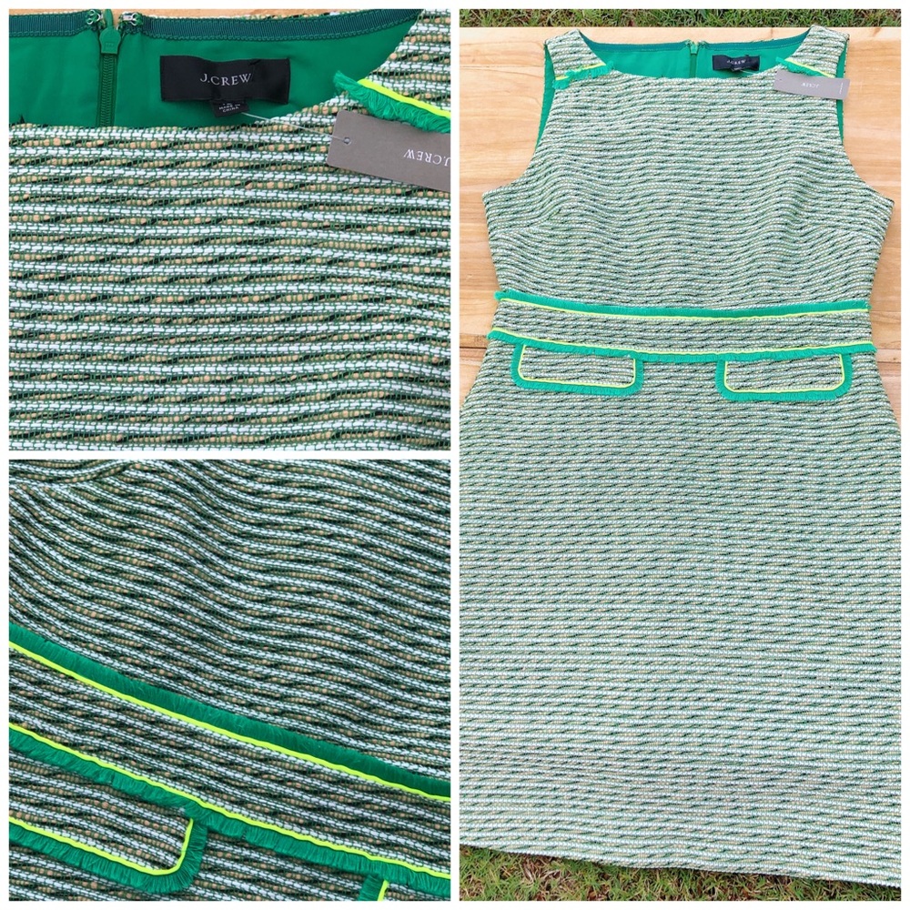 J.crew Green tweed with neon detail dress